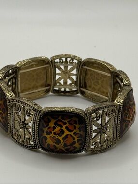 Vintage Stretch Bracelet Gold Tone Leopard Print Panels Filigree Wide Statement